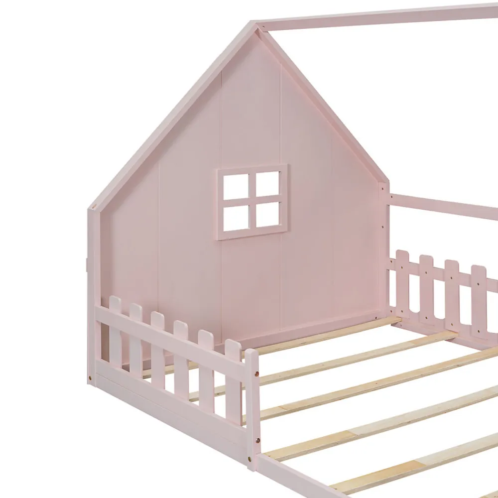Lit Plat 140x200cm, Forme Maison, Rampe, Pin, Rose>Fortuna lai New
