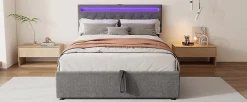 Lit Plat 160x200cm, Rembourré, LED Ambiant, USB, Grande Capacité de Rangement, Blanc><noscript><img width=