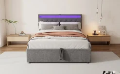 Lit Plat 160x200cm, Rembourré, LED Ambiant, USB, Grande Capacité de Rangement, Blanc><noscript><img width=