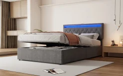Lit Plat 160x200cm, Rembourré, LED Ambiant, USB, Grande Capacité de Rangement, Blanc><noscript><img width=