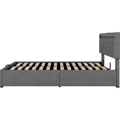 Lit Plat 160x200cm, Rembourré, LED Ambiant, USB, Grande Capacité de Rangement, Blanc><noscript><img width=