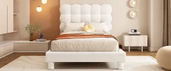 Lit Plat 140x200cm, Rembourré, LED Ambiant, USB, Grande Capacité de Rangement, Blanc>Fortuna lai New