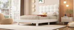 Lit Plat 140x200cm, Rembourré, LED Ambiant, USB, Grande Capacité de Rangement, Blanc><noscript><img width=