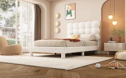 Lit Plat 140x200cm, Rembourré, LED Ambiant, USB, Grande Capacité de Rangement, Blanc><noscript><img width=