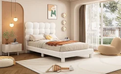 Lit Plat 140x200cm, Rembourré, LED Ambiant, USB, Grande Capacité de Rangement, Blanc><noscript><img width=