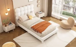 Lit Plat 140x200cm, Rembourré, LED Ambiant, USB, Grande Capacité de Rangement, Blanc><noscript><img width=