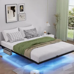 Lit plateforme métal 140x200 cm, style japonais, LED, sans tête de lit - noir>Blackcolors Sale