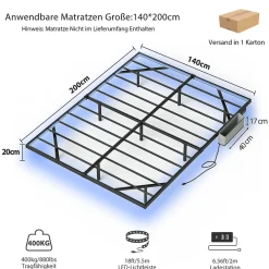 Lit plateforme métal 140x200 cm, style japonais, LED, sans tête de lit - noir><noscript><img width=