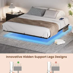 Lit plateforme métal 140x200 cm, style japonais, LED, sans tête de lit - noir><noscript><img width=