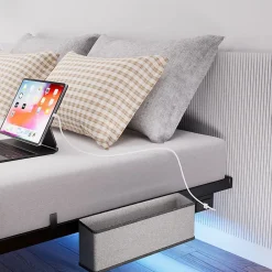 Lit plateforme métal 140x200 cm, style japonais, LED, sans tête de lit - noir><noscript><img width=