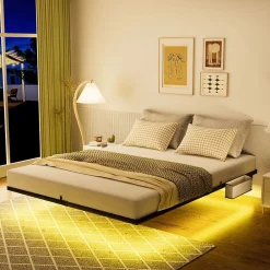 Lit plateforme métal 140x200 cm, style japonais, LED, sans tête de lit - noir><noscript><img width=