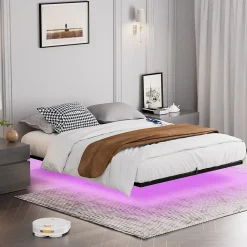 Lit plateforme métal 140x200 cm, style japonais, LED, sans tête de lit - noir><noscript><img width=