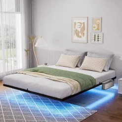 Lit plateforme métal 160x200 cm, style japonais, LED, sans tête de lit - noir>Blackcolors Sale