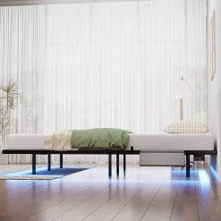Lit plateforme métal 160x200 cm, style japonais, LED, sans tête de lit - noir><noscript><img width=