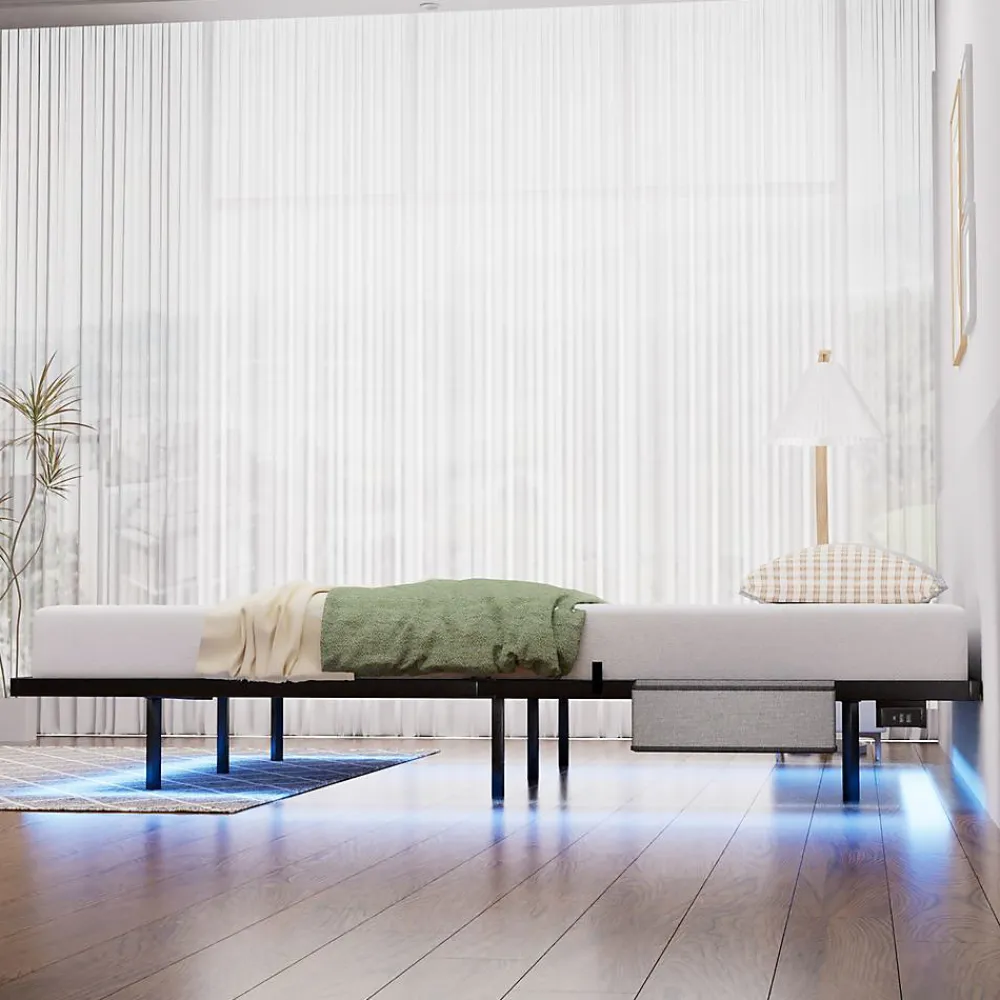 Lit plateforme métal 160x200 cm, style japonais, LED, sans tête de lit - noir>Blackcolors Sale