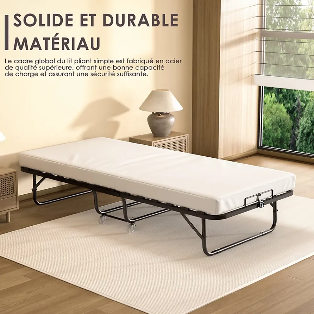Teeno Lit Pliant 90x190 CM avec Matelas de 10cm, Lit Pliable 1 Personne Adulte, 4 roulettes, 2 Min Assembler*Enfant Lit Enfant
