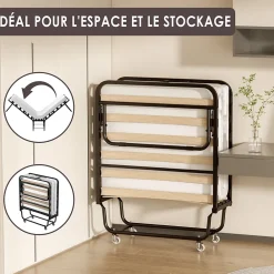 Teeno Lit Pliant 90x190 CM avec Matelas de 10cm, Lit Pliable 1 Personne Adulte, 4 roulettes, 2 Min Assembler*Enfant Lit Enfant