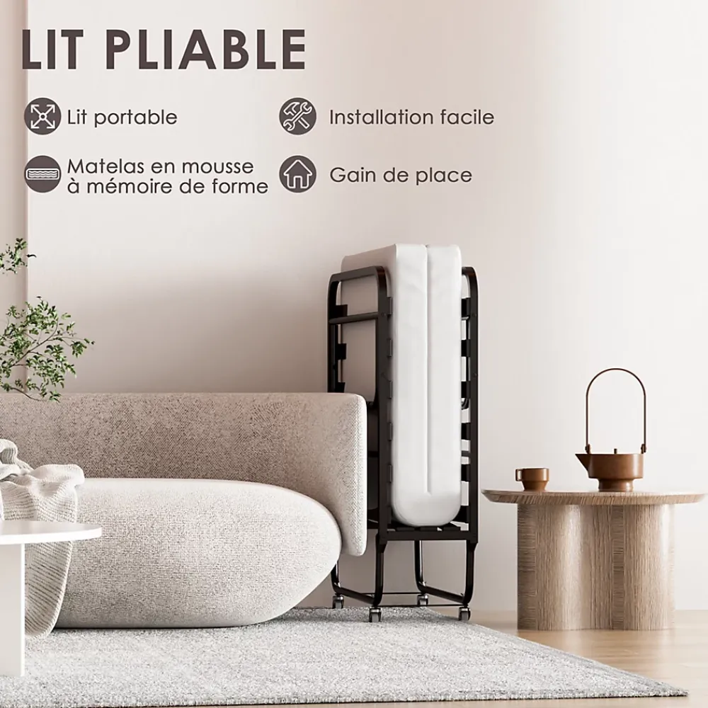 Teeno Lit Pliant 90x190 CM avec Matelas de 10cm, Lit Pliable 1 Personne Adulte, 4 roulettes, 2 Min Assembler*Enfant Lit Enfant