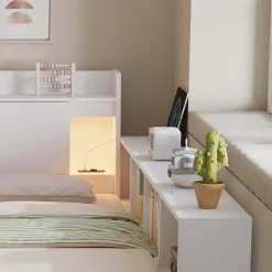 Fortuna lai Lit Polster 140x200 cm avec rangement latéral, 2 lampes, prise USB, bois blanc, moderne*Enfant Lit Enfant