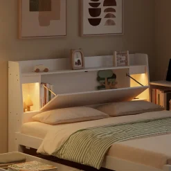 Fortuna lai Lit Polster 140x200 cm avec rangement latéral, 2 lampes, prise USB, bois blanc, moderne*Enfant Lit Enfant