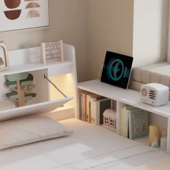 Fortuna lai Lit Polster 90x200 cm avec rangement latéral, 2 lampes, prise USB, bois blanc, design pratique*Enfant Lit Enfant