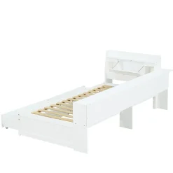 Fortuna lai Lit Polster 90x200 cm avec rangement latéral, 2 lampes, prise USB, bois blanc, design pratique*Enfant Lit Enfant
