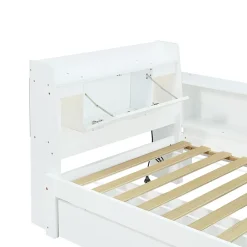 Fortuna lai Lit Polster 90x200 cm avec rangement latéral, 2 lampes, prise USB, bois blanc, design pratique*Enfant Lit Enfant