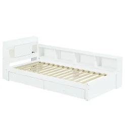 Fortuna lai Lit Polster 90x200 cm avec rangement latéral, 2 lampes, prise USB, bois blanc, design pratique*Enfant Lit Enfant