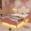 Lit Polster 90x200 cm, tête couronne, LED, cadre métal, rose,blanc>Fortuna lai Online
