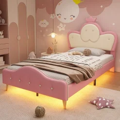 Lit Polster 90x200 cm, tête couronne, LED, cadre métal, rose,blanc>Fortuna lai Online
