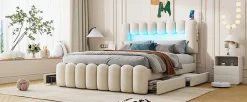 Lit Polster 160x200cm, Avec LED, USB, Stéréo, 4 Tiroirs, Beige><noscript><img width=