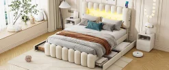 Lit Polster 160x200cm, Avec LED, USB, Stéréo, 4 Tiroirs, Beige><noscript><img width=