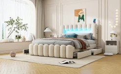Lit Polster 160x200cm, Avec LED, USB, Stéréo, 4 Tiroirs, Beige><noscript><img width=