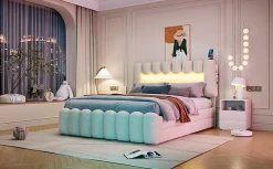 Lit Polster 160x200cm, Avec LED, USB, Stéréo, 4 Tiroirs, Beige><noscript><img width=