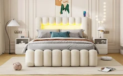 Lit Polster 160x200cm, Avec LED, USB, Stéréo, 4 Tiroirs, Beige><noscript><img width=
