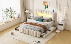 Lit Polster 160x200cm, Avec LED, USB, Stéréo, 4 Tiroirs, Beige><noscript><img width=