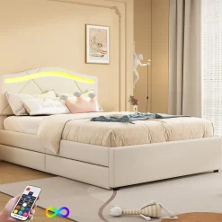 Lit Polster 90x200cm, Éclairage Ambiant, Tiroirs, Tête Réglable, Lin, Beige>Fortuna lai Outlet