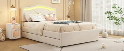 Lit Polster 90x200cm, Éclairage Ambiant, Tiroirs, Tête Réglable, Lin, Beige>Fortuna lai Outlet