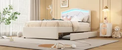 Lit Polster 90x200cm, Éclairage Ambiant, Tiroirs, Tête Réglable, Lin, Beige><noscript><img width=