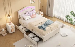 Lit Polster 90x200cm, Éclairage Ambiant, Tiroirs, Tête Réglable, Lin, Beige><noscript><img width=