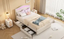 Lit Polster 90x200cm, Éclairage Ambiant, Tiroirs, Tête Réglable, Lin, Beige><noscript><img width=