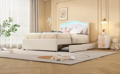 Lit Polster 90x200cm, Éclairage Ambiant, Tiroirs, Tête Réglable, Lin, Beige><noscript><img width=