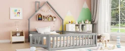 Lit Polster 140x190cm, Lit Enfant, Maison, Tête Réglable, Pin, Gris><noscript><img width=