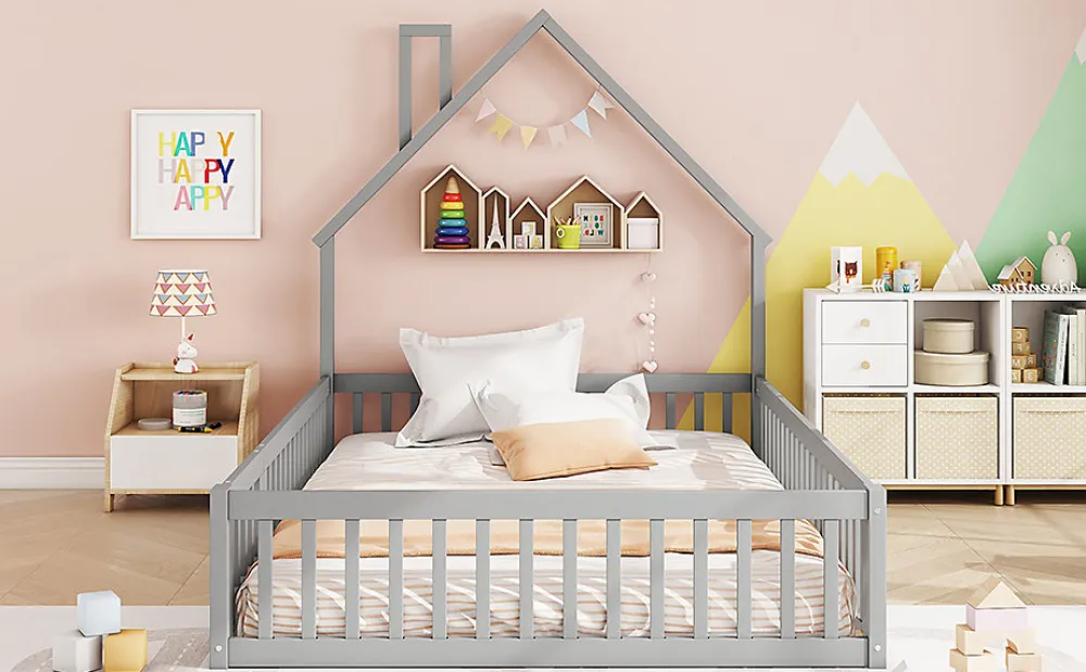 Lit Polster 140x190cm, Lit Enfant, Maison, Tête Réglable, Pin, Gris>Fortuna lai New