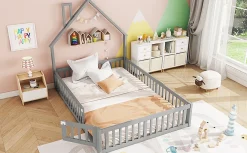 Lit Polster 140x190cm, Lit Enfant, Maison, Tête Réglable, Pin, Gris><noscript><img width=