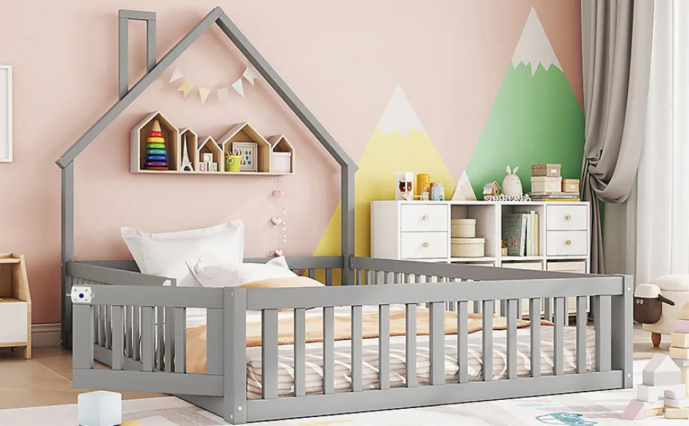 Lit Polster 140x190cm, Lit Enfant, Maison, Tête Réglable, Pin, Gris>Fortuna lai New