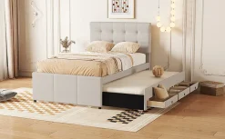 Fortuna lai Lit Polster 90x200cm, Lit Familial, Tiroirs, Lit Escamotable, Tête Réglable, Beige*Enfant Lit Enfant