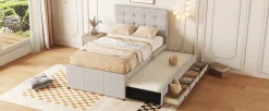 Fortuna lai Lit Polster 90x200cm, Lit Familial, Tiroirs, Lit Escamotable, Tête Réglable, Beige*Enfant Lit Enfant