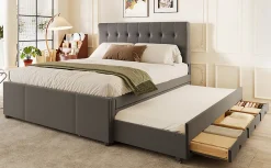 Lit Polster 140x200cm, Lit Familial, Tête Réglable, Grand Rangement, Gris><noscript><img width=