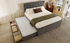 Lit Polster 140x200cm, Lit Familial, Tête Réglable, Grand Rangement, Gris><noscript><img width=